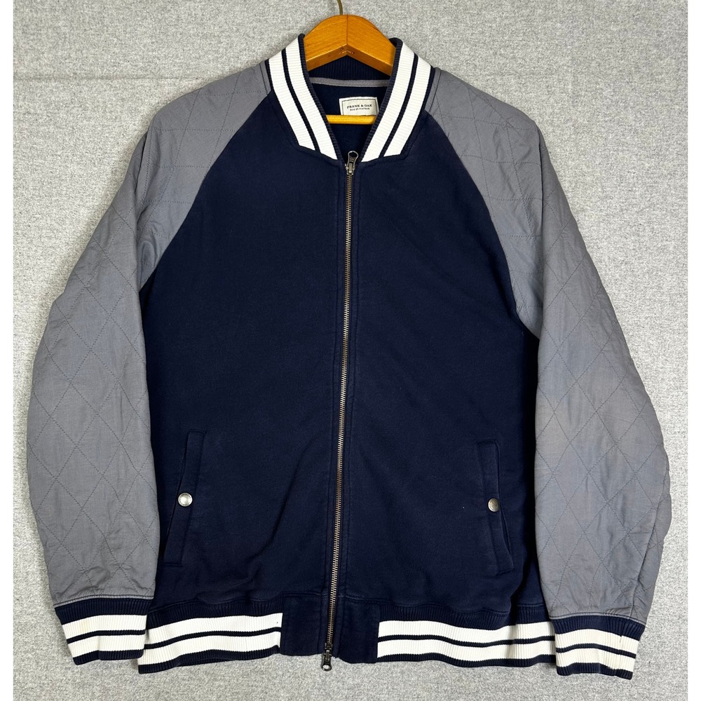 Frank & Oak Bomber Jacket Mens XL Navy Blue Quilted Sleeve Varsity Zip
